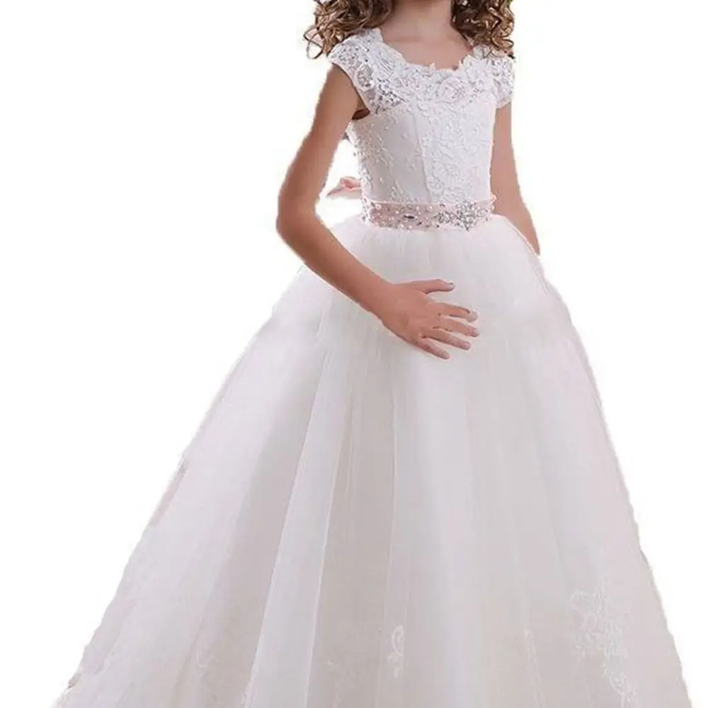 Spring Flower Girls Dresses For Weddings Vintage Jewel Neck Sash Lace Net Baby Girl Birthday Party Gowns Kids First Communion