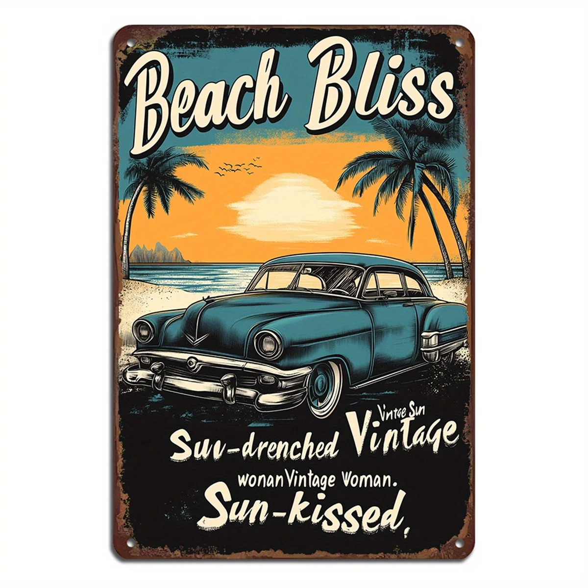 Beach Bliss Vintage Metal Iron Sign - Vintage Sunset Palm Design, Iron Wall Art for Garage, Bar, Home Decor, Measures 8x12 Inch