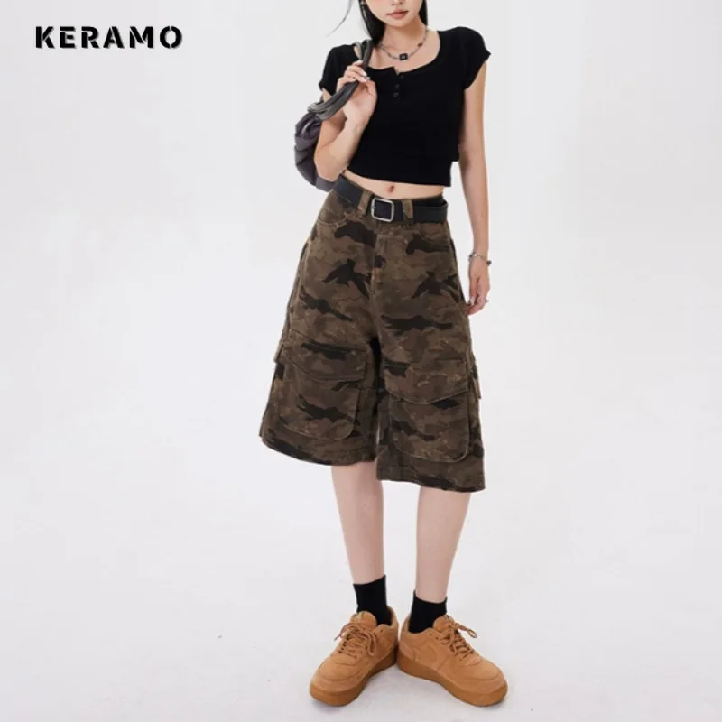 Y2K Baggy Camouflage 2000s Denim Shorts Women's Washed Vintage Casual Shorts High Street Retro High Waist Pockets Trashy Jeans