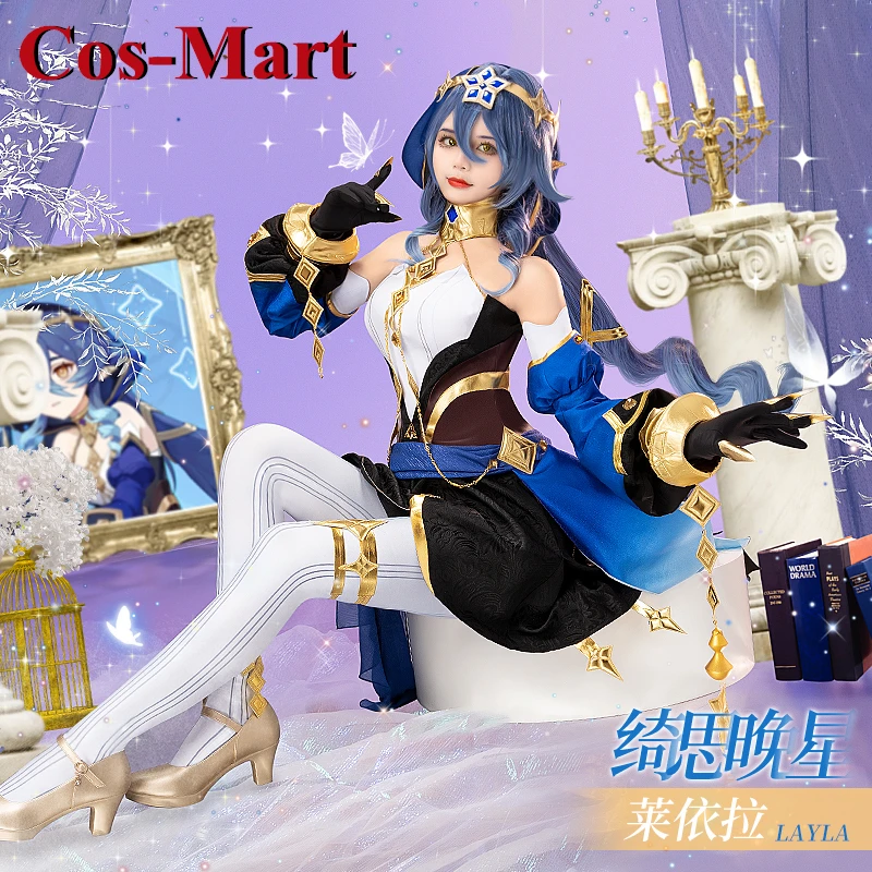 Cos-mart jogo genshin impacto layla cosplay traje elegante doce batalha uniforme vestido atividade festa role play roupas