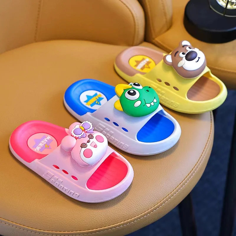 New Summer Children Slippers Cute Cartoon Dinosaur Bear Trim Sandals For Boys Girls Bathe Flip Flops Non-Slip Home Kids Shoes