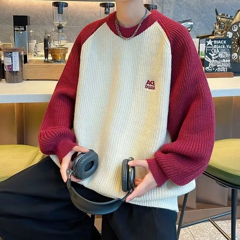 

Loose Fit American Retro Men's Knitwear round Ne Sweater oulder Insertion Color Blo Casual Sle Polyester Fiber Coat