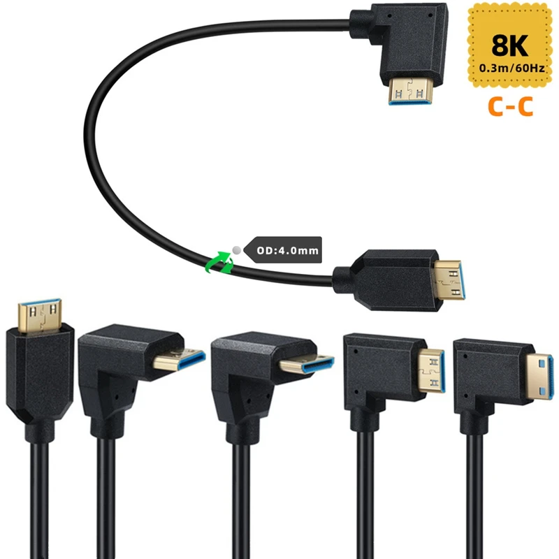 For Camera Projector Display OD4.0mm Slim Line Mini HDMI-compatible Male to Male 90 Degree Angle Cable 2.1V 8K 60Hz