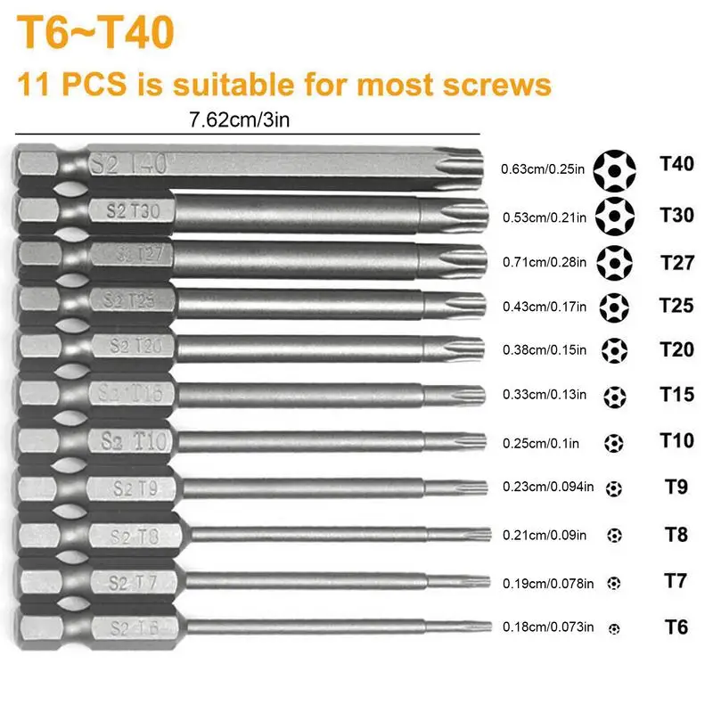 11Pcs Torx Bit Set Magnetic Tamper Resistant Star BitsT6-T40 Screwdriver Wrench Drill Bit Set