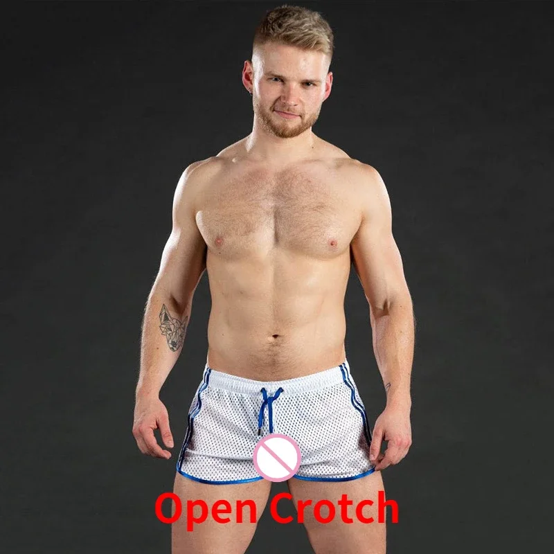 Man Open Crotch Shorts Sexy Gym Panties Crotchless Mesh Board Gay Double Zipper Breathable Erotic Beach Pants Muscle Swimsuits