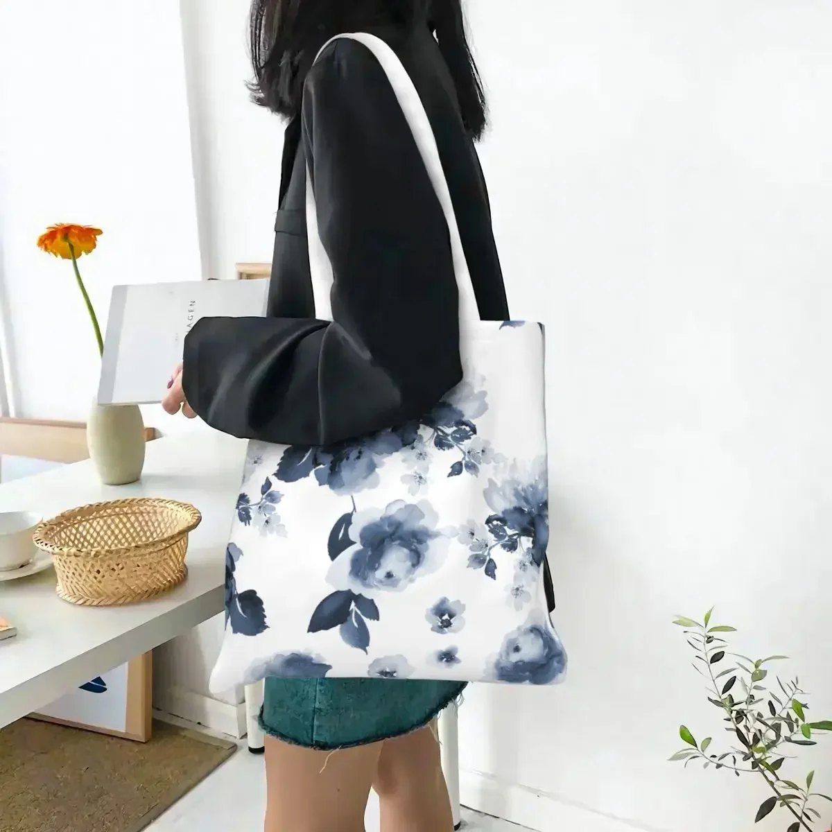 Watercolor Indigo Flowers Canvas Tote Bag Reusable Large Capacity Summer Blue Pattern Casual Bag for Women Men