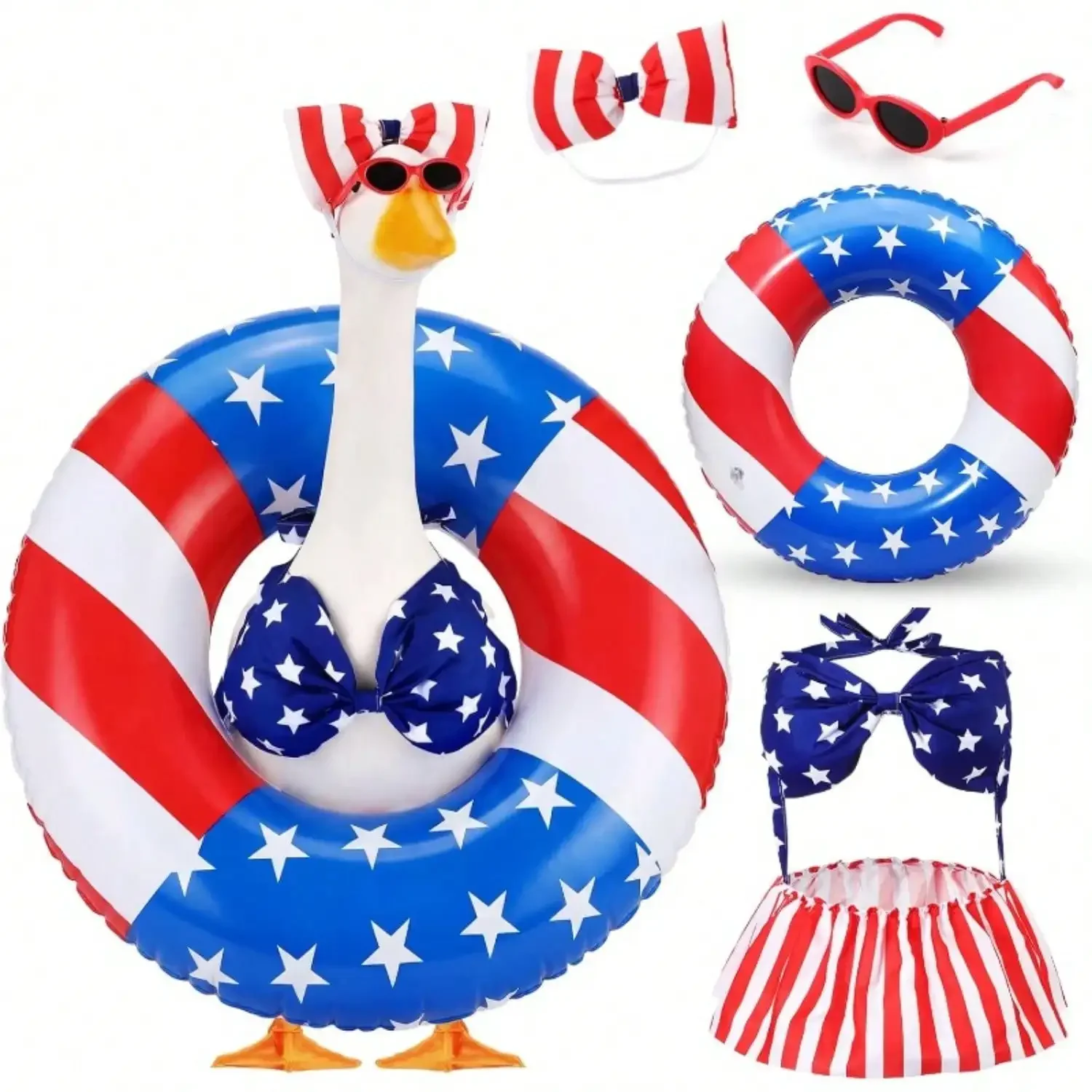 

2026 Independence Day, the perfect gift,4-Piece Set: Patriotic Porch Goose Costume Set For July 4th, American Flag Bikini Swimsuit With Swim Ring And Glasses, Suitable For 23inch Lawn Goose Statue, Summer Independence Day Garden Decoration