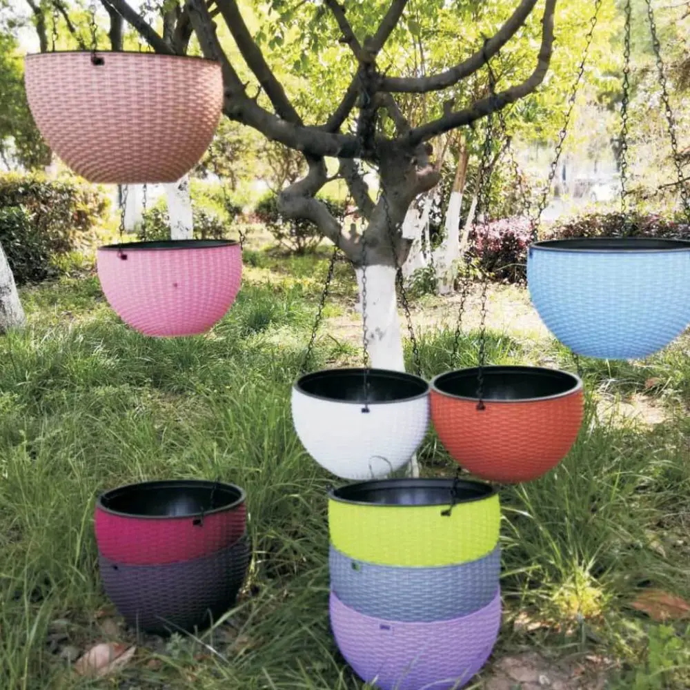 Garden Decoration Plastic Woven Plaited Baskets Home Decor with Chain Hanging Flower Pots Round Houseplant Flowerpot Balcony