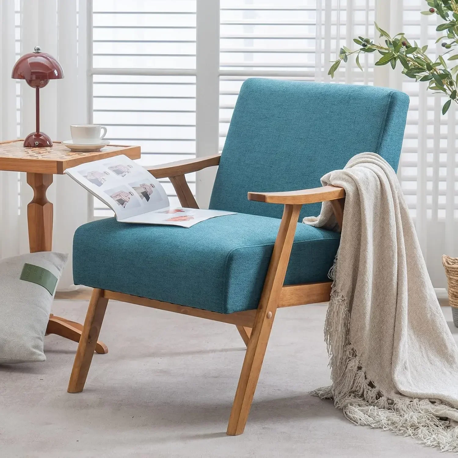 Teal Accent Chairs Set of 2, Retro Mid Century Lounge Chairs , Sturdy Upholstered Solid Wood Boho Farmhouse Armchairs