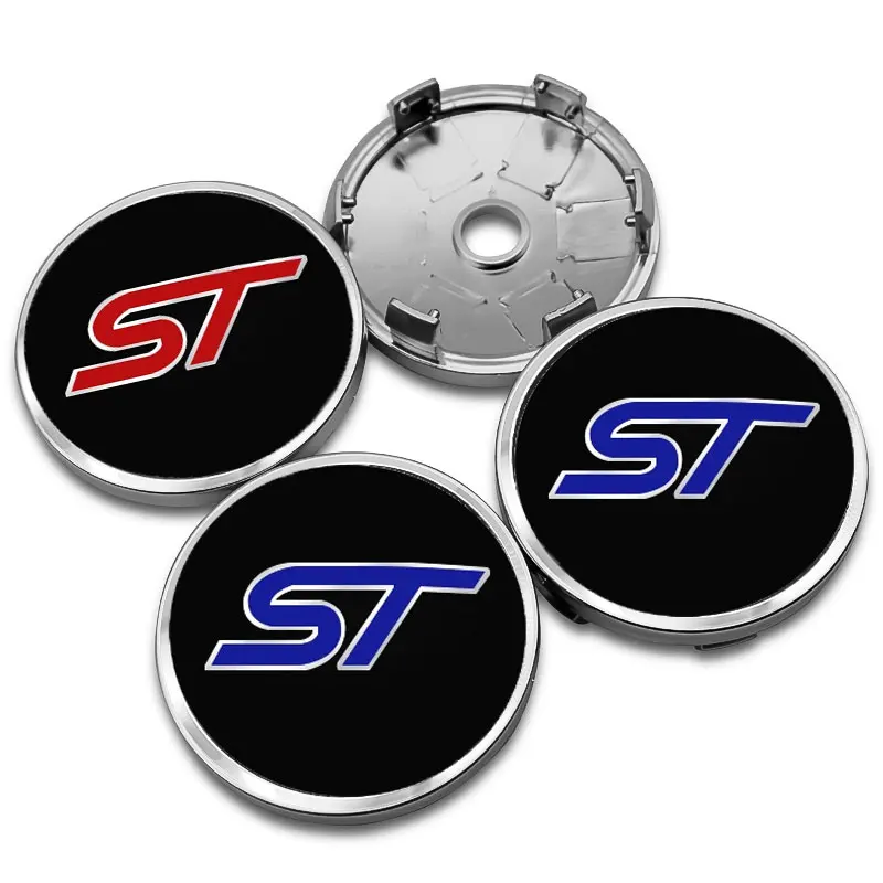 4 Piezas de 56+60 mm, Tapas Centrales para Ruedas de Coche con Logotipo ST, Emblemas, Insignias, Adhesivos para FORD Focus, Kuga, Explorer, Mondeo, Everest, S-MAX