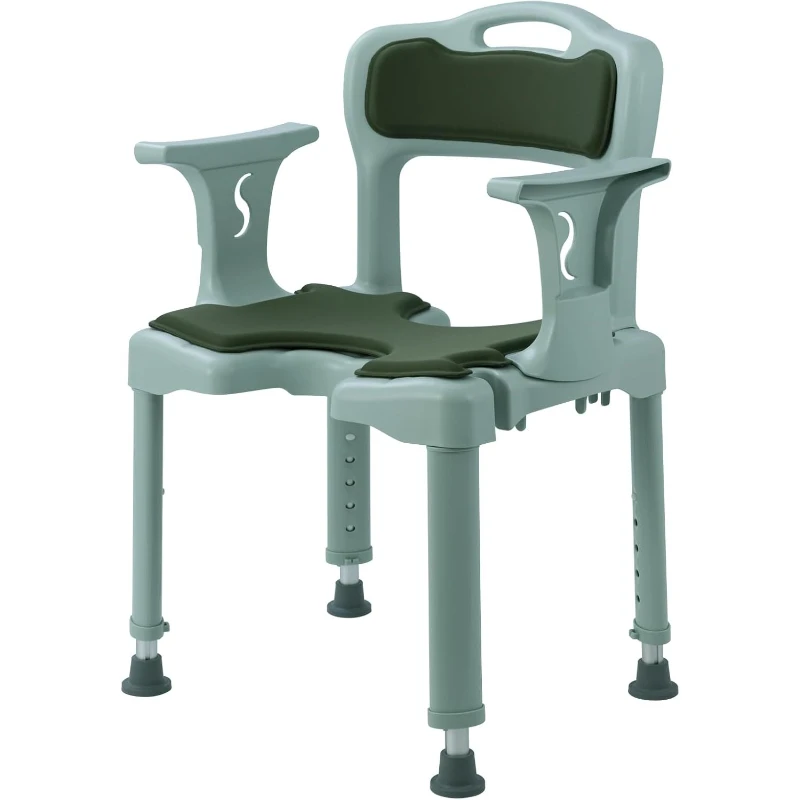 كرسي استحمام مريح لكبار السن والمعاقين، مقعد دش مع ظهر مبطن ومسند للذراعين، ارتفاع 5 مستويات قابل للتعديل