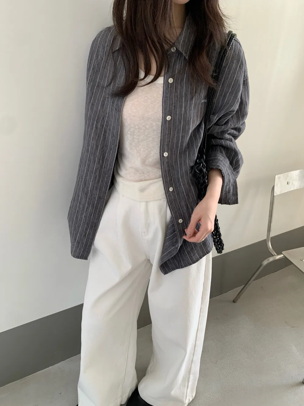 

Lilian Korean Style Vertical Stripes Shirt Sun Protection Commute Friendly Women's Collar Long Sleeve Loose Fit Shirt