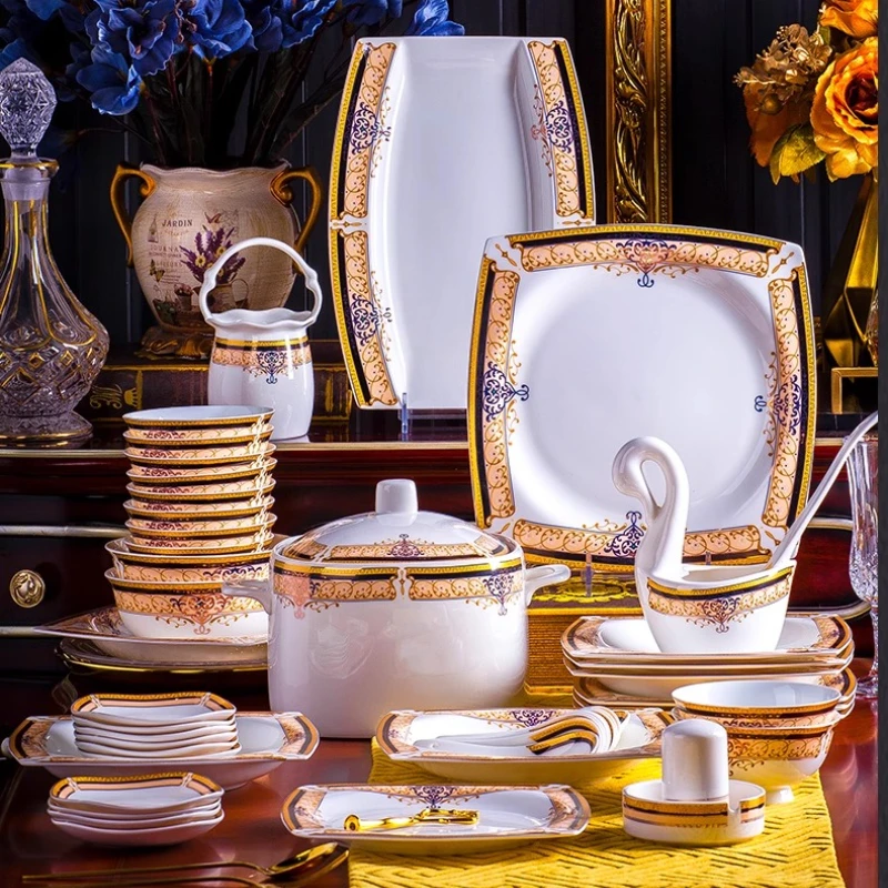 Party Wedding Gold Dinnerware Sets Kitchen Dining Room Fine China Dinner Set Home Guests Aparelho De Jantar Luxury Tableware