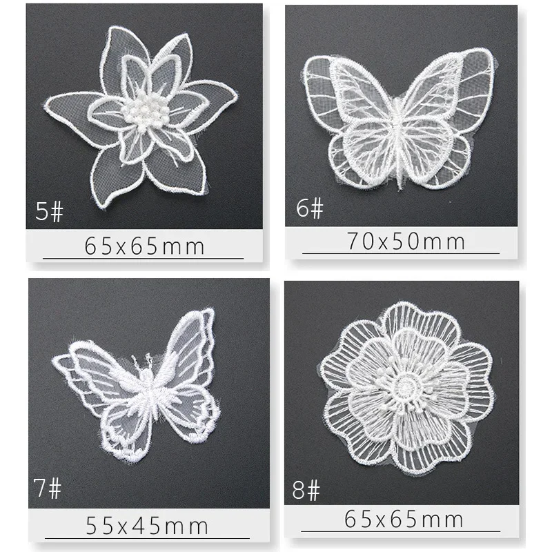 White Lace Embroidery Patches Sew Ion on Clothes Organza Flower Butterfly Appliques for Clothing Wedding Dress Decoration Stripe