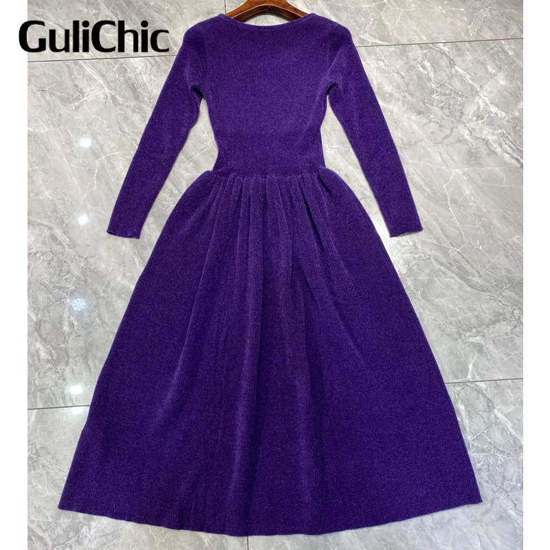 10.16 GuliChic Simple Fashion Temperament Square Collar Long Sleeve High Waist Slim Corduroy Midi Dress Women