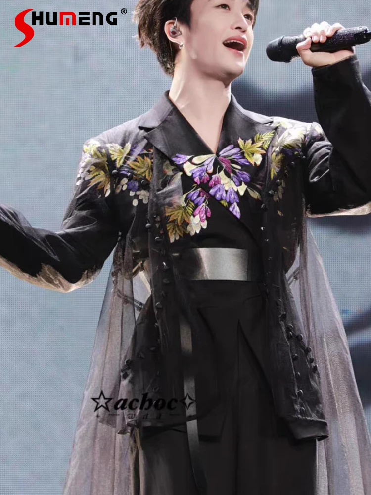 

Fashion 3D Embroidery High-End Blazers Men 2025 Autumn New Belt Waist-tight Loose Elegant Suit Jackets Handsome Tailored Coats