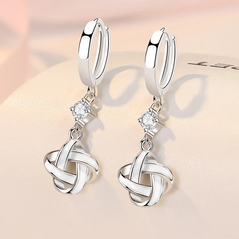 KOFSAC Fashion Ins Earrings Interwoven Patterns Temperament White Earrings 925 Sterling Silver Ear Buckle Lady Zircon Jewelry