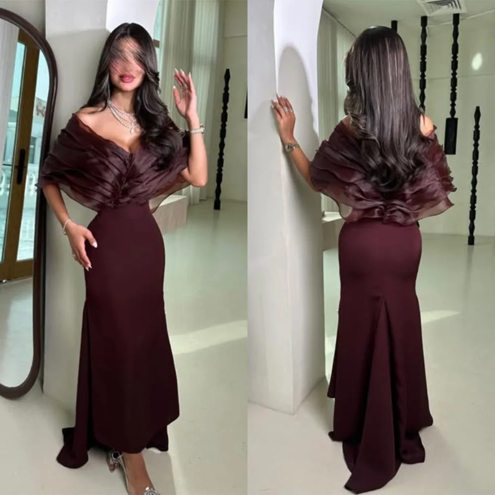 

High Quality Customized V-neck Ankle Length Pleat Off Shoulder A-line Vestidos Elegantes Para Mujer Para Una Boda فساتين السهرة