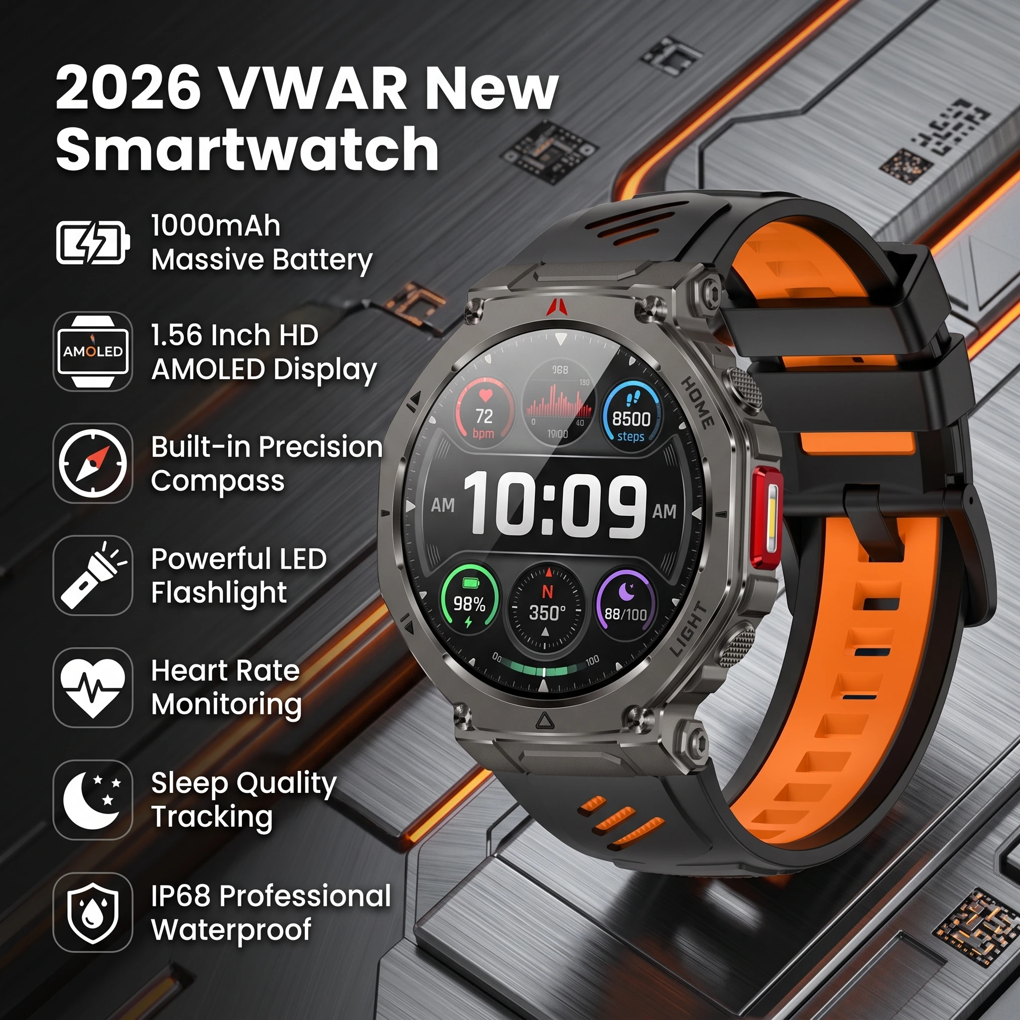 2026 VWAR New Smartwatch 1.56 Inch 1000mAh Battery Compass Flashlight Heart Rate Sleep Monitoring IP68 Waterproof Smartwatches