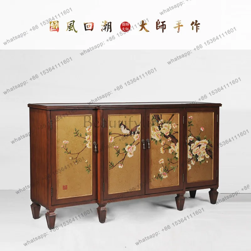 XX. Wood color retro and elegant national style large living room entrance four-door storage side cabinet