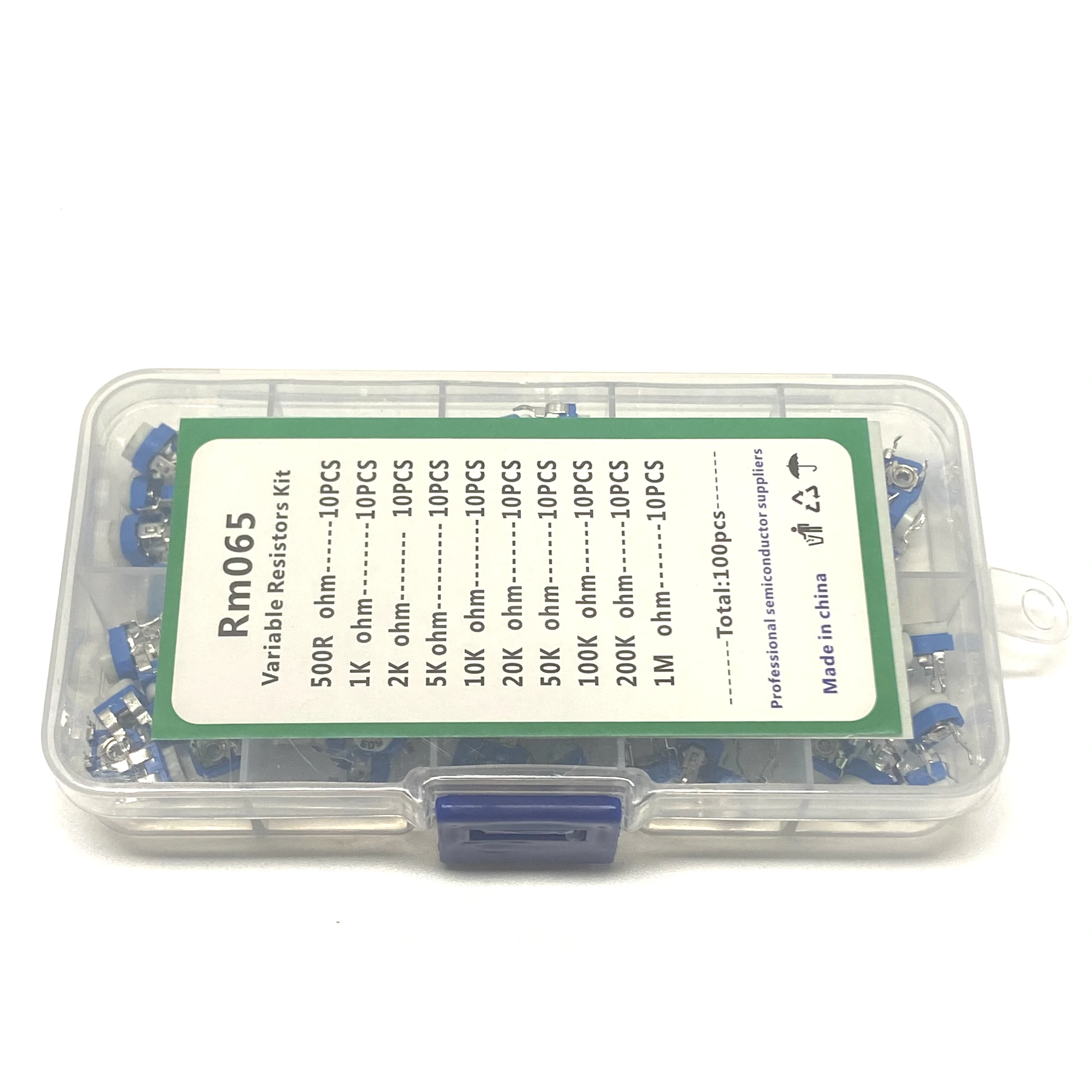 100Pcs/Box RM065 Variable Resistor Carbon Film Horizontal Trimpot Potentiometer Assortment Kit  RM065 10Values 500R - 1M