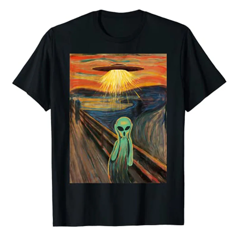 Alien Scream Painting T-Shirt Funny UFO Fans Graphic Tee Y2k Top Scientist Short Sleeve Blouses Cool Space Lover Outfits Gifts