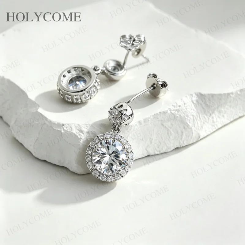 925 Sterling Silber Moissanit Halo Tropfen-Ohrringe Runder Brillantschliff Hängeohrringe für Damen Brautschmuck – Detail 12