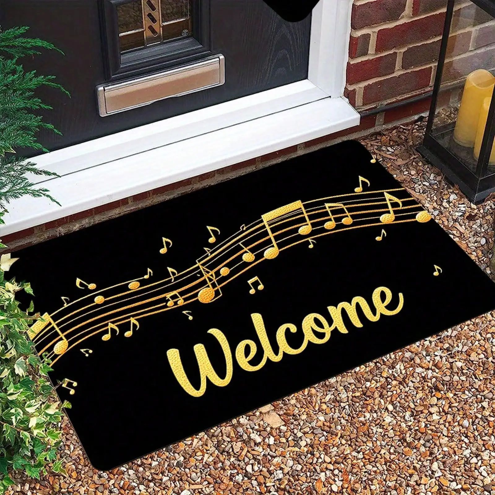 1pc Music-Themed Welcome Door With Golden Welcome Letter & Musical Notes Design - Soft Polyester Floor Indoor/Outdoor Use, Home, Porch, Or Entrance Decor,-Made