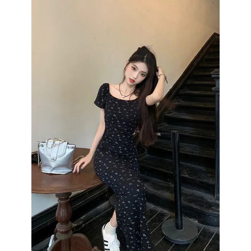 Sodazzz French Style Vintage Floral Square Collar Short Sleeve Dress Women\'s Summer Tight Waist Slit Sheath Skirt Long Dress