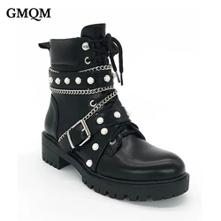 GMQM New 2023 Fashion Women's Ankle Boots Platform Round Toe Rivets Pearl Thick Sole Shoes Motorcycle Boots Punk Gothic Style