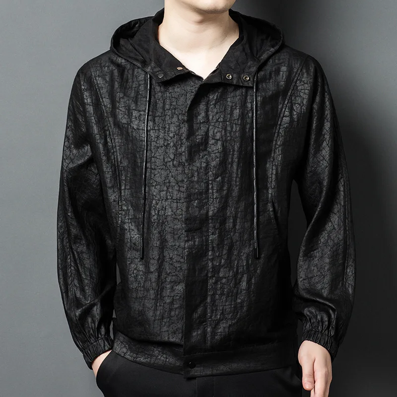 Real Silk Men's Xiangyun Yarn Crack Hooded Long Sleeve Cardigan Shirt Middle-Aged Fashion Trendy Baggy Coat Clothing