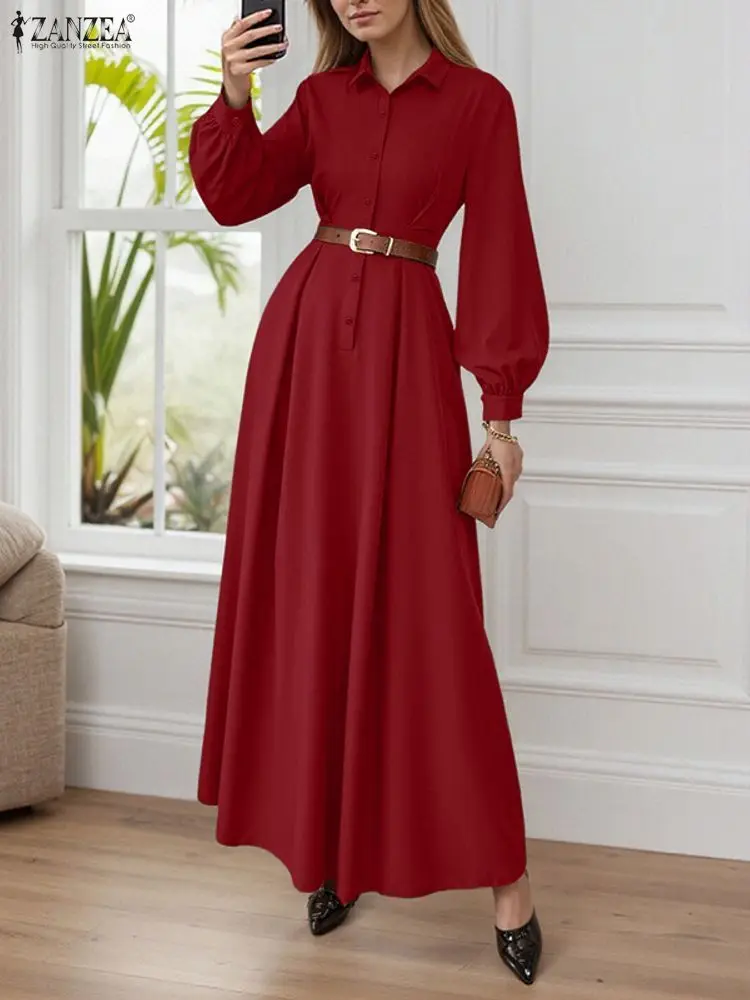 2023 ZANZEA Langarm Maxi Kleider Herbst Frauen Tasten Beiläufige Lange Hemd Robe Solide Elegante Büro Party Vestidos Kein Gürtel