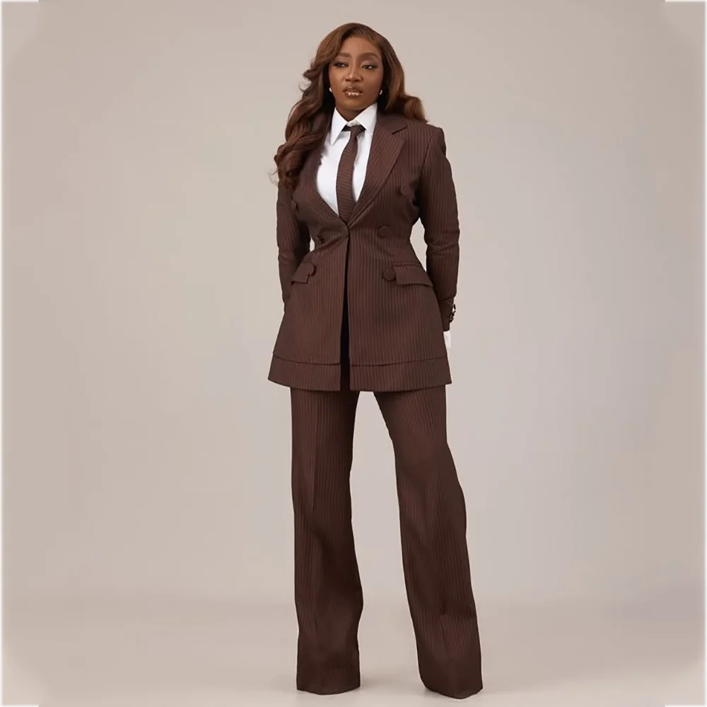 Brown Pinstripe Women's Suit Slim Fitted Stylish Double Breasted High Quality Elegant Formal Party Event Outfit Jacket Pants