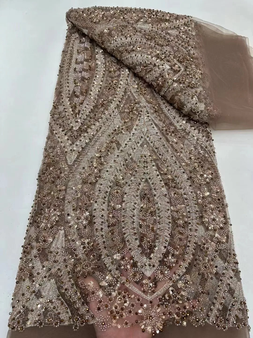 

Luxury Heavy Handmade Beaded Lace Fabric Unique Design Top Quality Embroidery Long Tube Rice Beads Net Sequins for Evening Dress