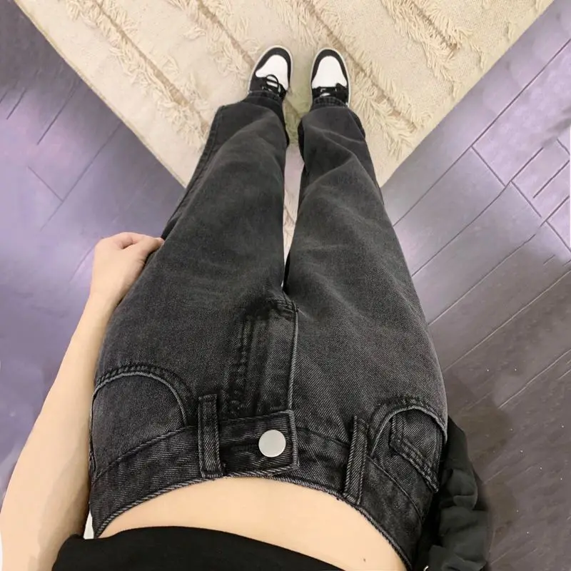 

High Waist Loose Straight Leg Jeans Women's Pure Color Wide Leg Long Trousers Autumn Faion Cotton Stretch Denim Water Wa