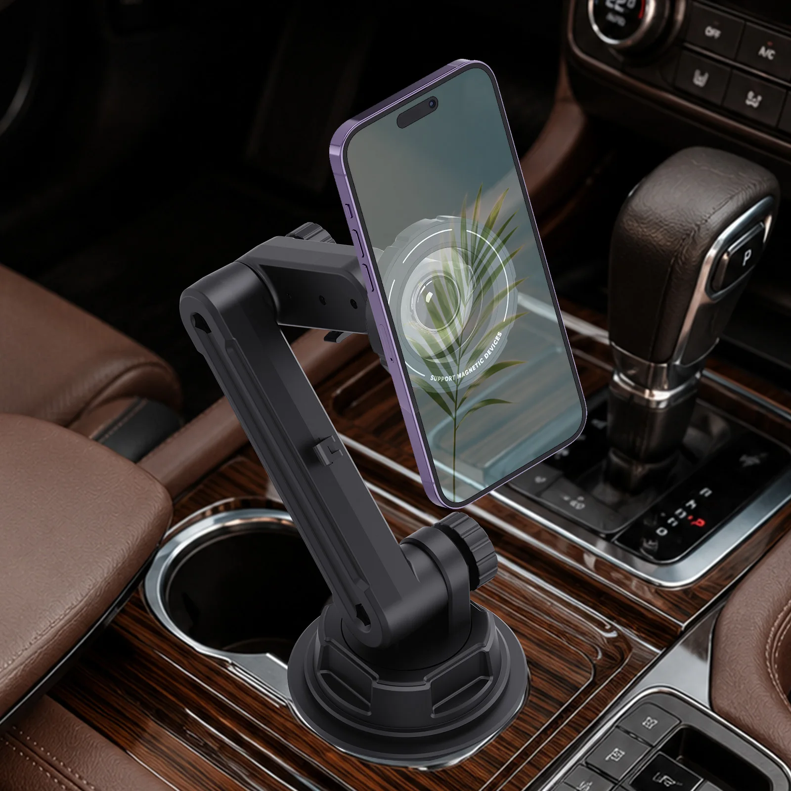 Homhu Auto-Getränkehalter mit Handyhalterung, magnetischer Universalständer mit Kabelorganizer für 4-7 Zoll Handys, stabile Navigationsunterstützung B