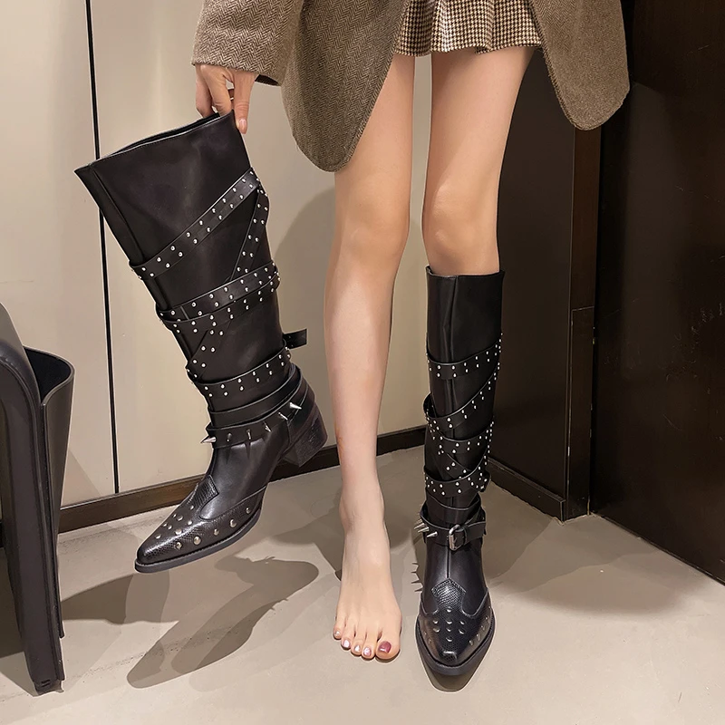 

Western Knight Boots Fall Winter New Pointed Toe Sleeve Studded Belt Buckle Non-slip Block Heel Tall Boots