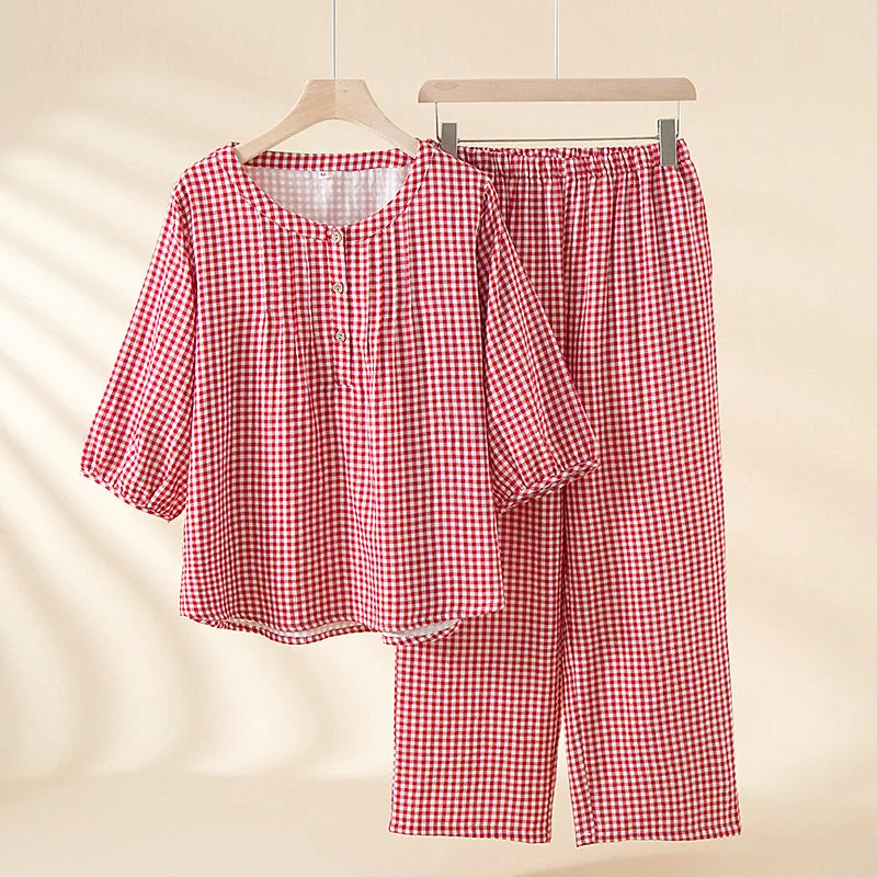 

Новые клетчатые пижамы, женская одежда, двухслойный марлевый женский комплект из 100% хлопка, весенне-осенний комплект одежды для сна с рукавами 3/4, брюки, домашний костюм