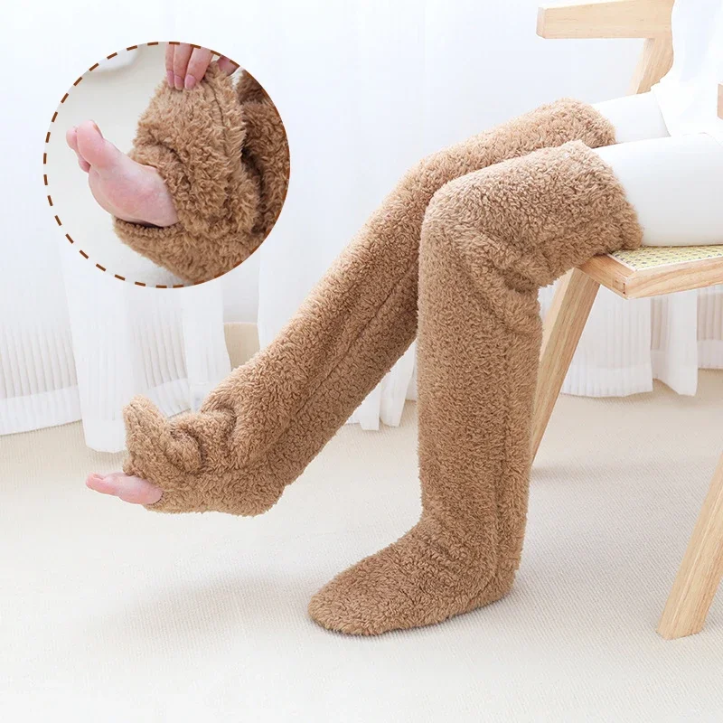 Winter Thigh High Socks Women Over Knee Long Socks Double-sided Fleece Stockings Socks Solid Color Plush Leg Warmers Home Office