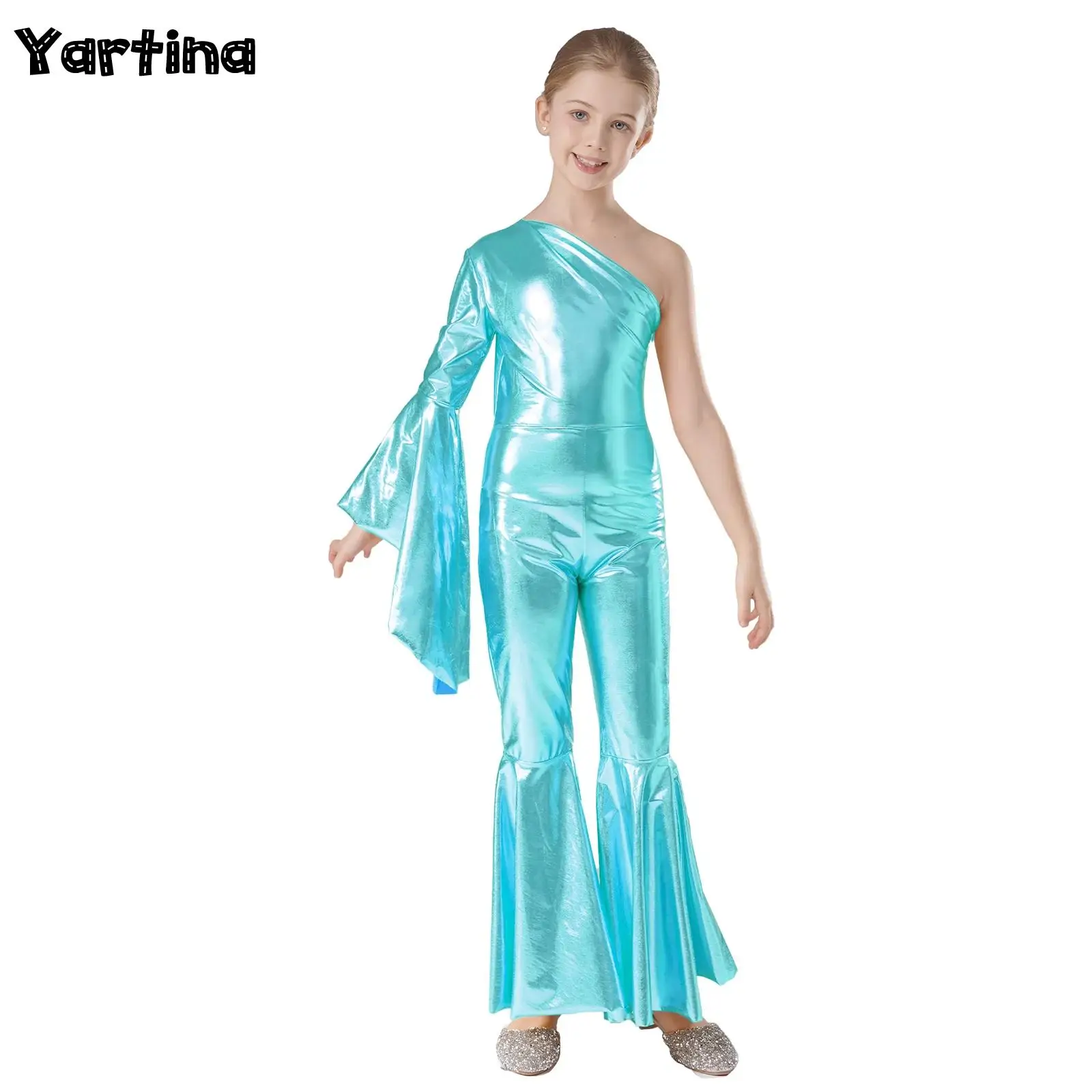 Girls Ballet Jazz Dance Leotards Costume Flare Bell Bottom One Shoulder Skating Unitards Jumpsuit Shiny Sequins Party Romper