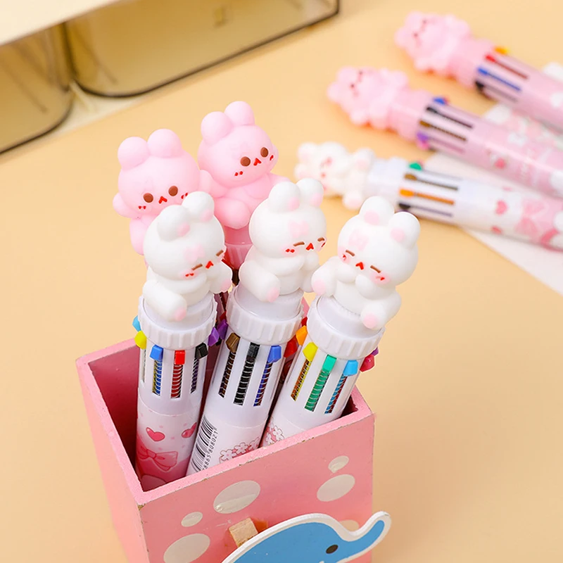 2Pcs Cartoon Rabbit Ten Color Ballpoint Pen Multicolor Signature Pens Creative Writing Smooth Pressing Neutral Pens Gifts