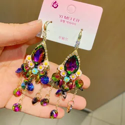 Retro purple crystal earrings light luxury long tassel earrings