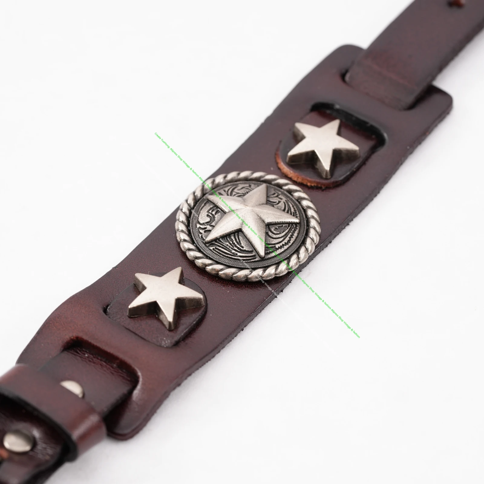 Star Button Style Metal Studded Genuine Punk Quality Wide Cowhide Leather Bracelet Cuff Wristband Bangle Brown