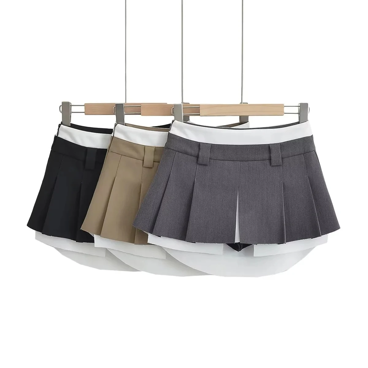 Design  Patchwork  Skirt American High School Sexy Plaid Anti-Light High Waist A-Line Skirt Pure Color Commute Style