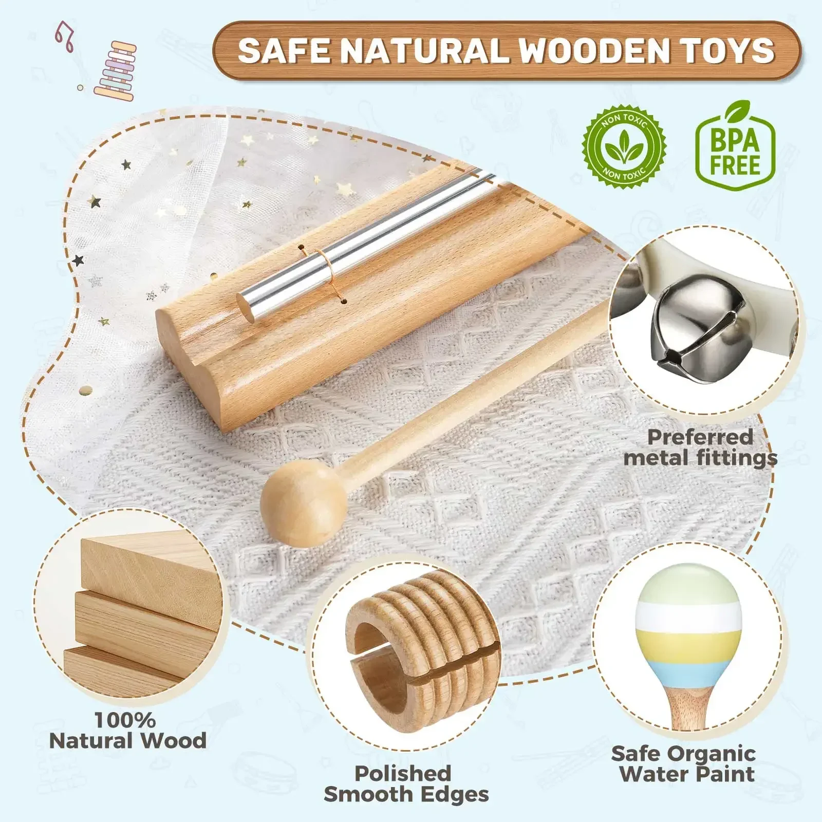 Juego de instrumentos musicales de madera Montessori para niños pequeños, xilófono, pandereta, maraca, campanas, juguetes educativos de percusión