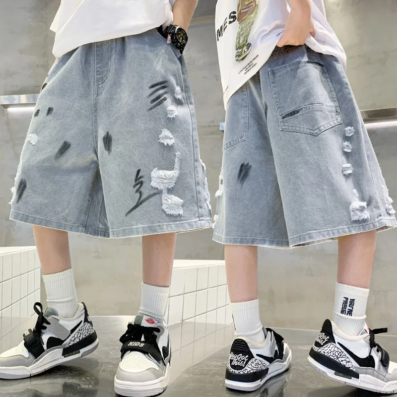 Loose Style Kids Child Vintage Ripped Denim Shorts with Drawings for Big Boys Summer Loose Straight Capris Jeans Shorts Age 5-14