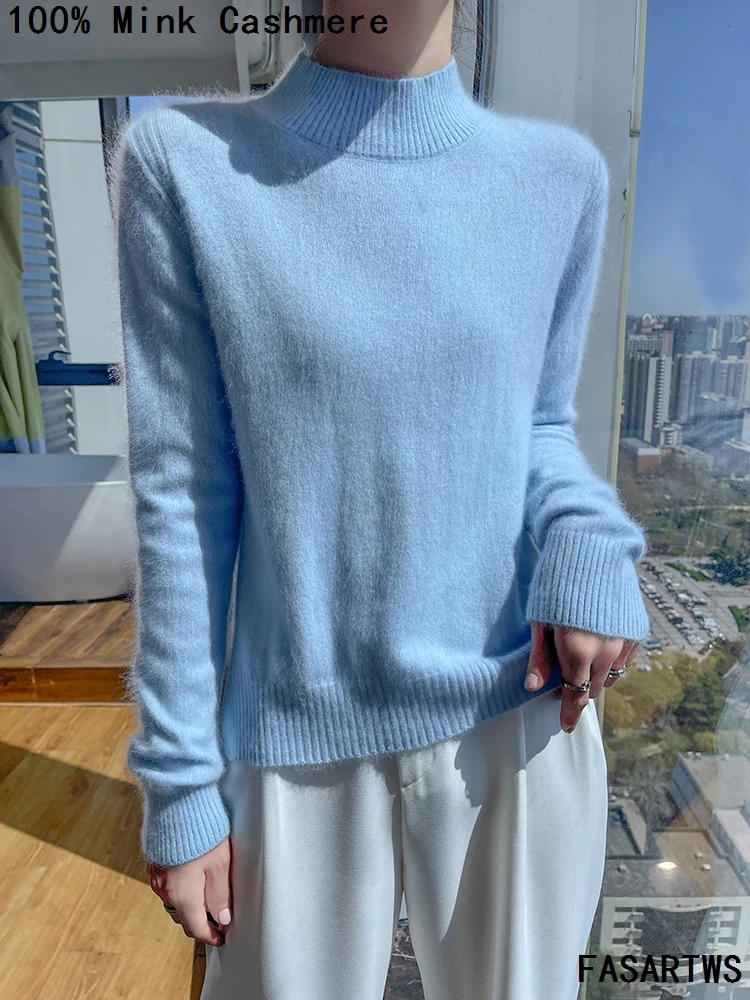 النساء 100% المنك سترة الكشمير المعنقة نصف الياقة العالية البلوز كم طويل حجم كبير تريكو الخريف الشتاء الملابس النسائية الموضة