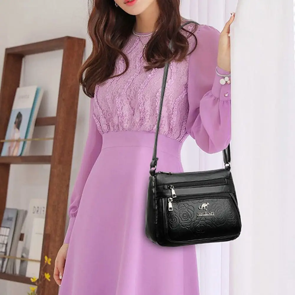 Fashion PU Leather Buying Vegetable Bag Large Capacity Multi-layer Shoulder Messenger Bag Black Tote Bag Woman