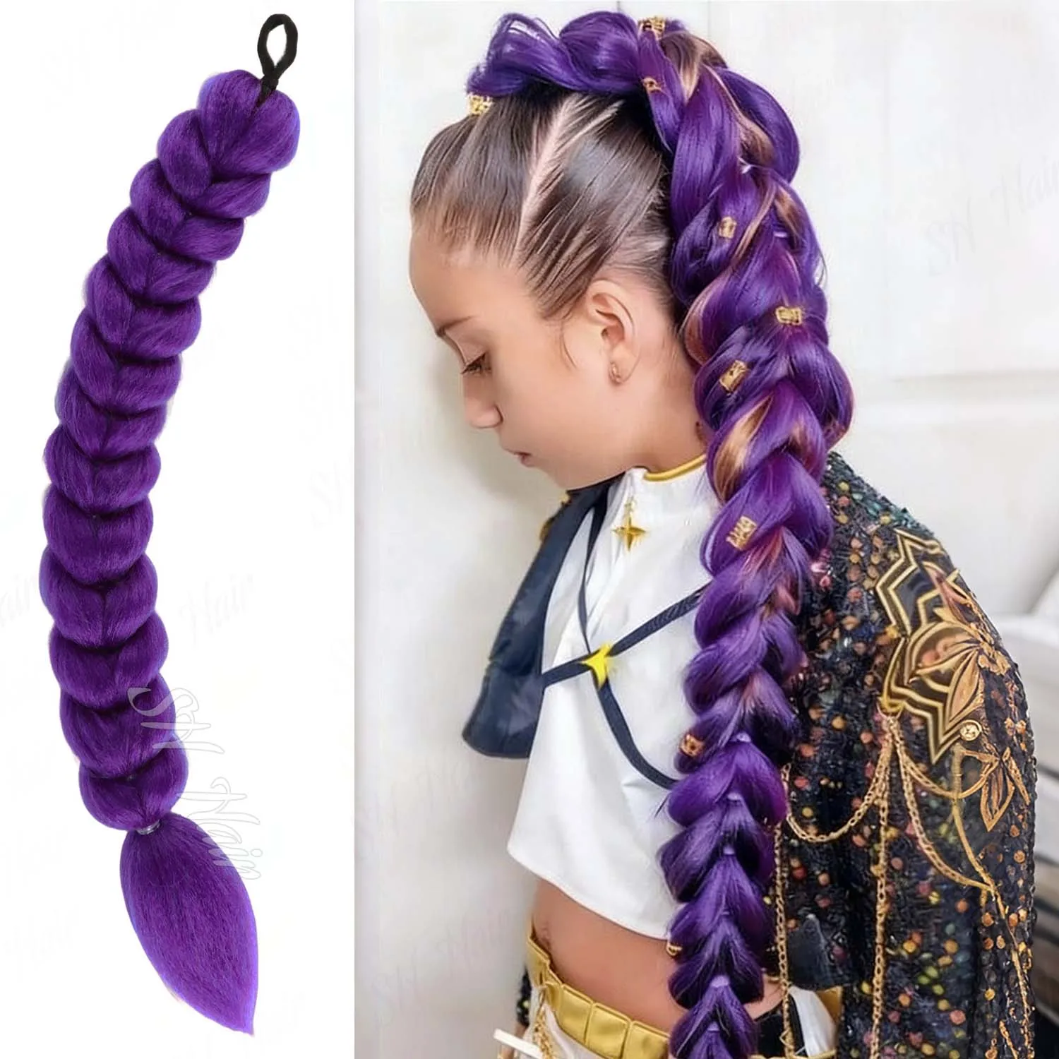 Synthetic Braids Purple|Brown|Black|Pink Hair Ponytail 22inch Long Ponytail for Kids Girls Halloween Christmas, Rumi Ponytail