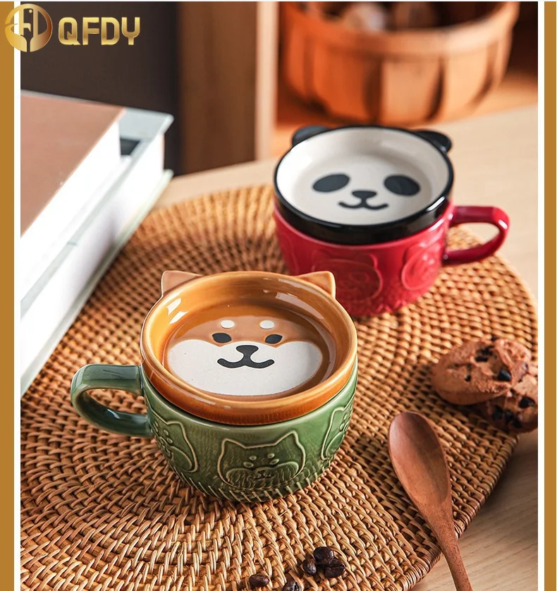 

300ML Japanese Cartoon Cat With Cover Coffee Cup Cute Breakfast Cup Creative Coffee Milk Ceramic Cup Couple With Lid